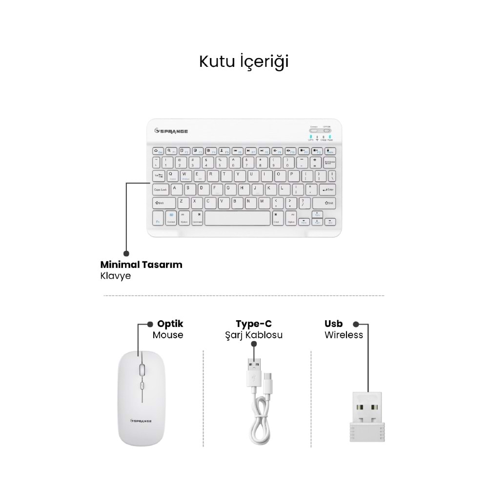 SPRANGE SR-K2 Kablosuz Klavye & Mouse Beyaz
