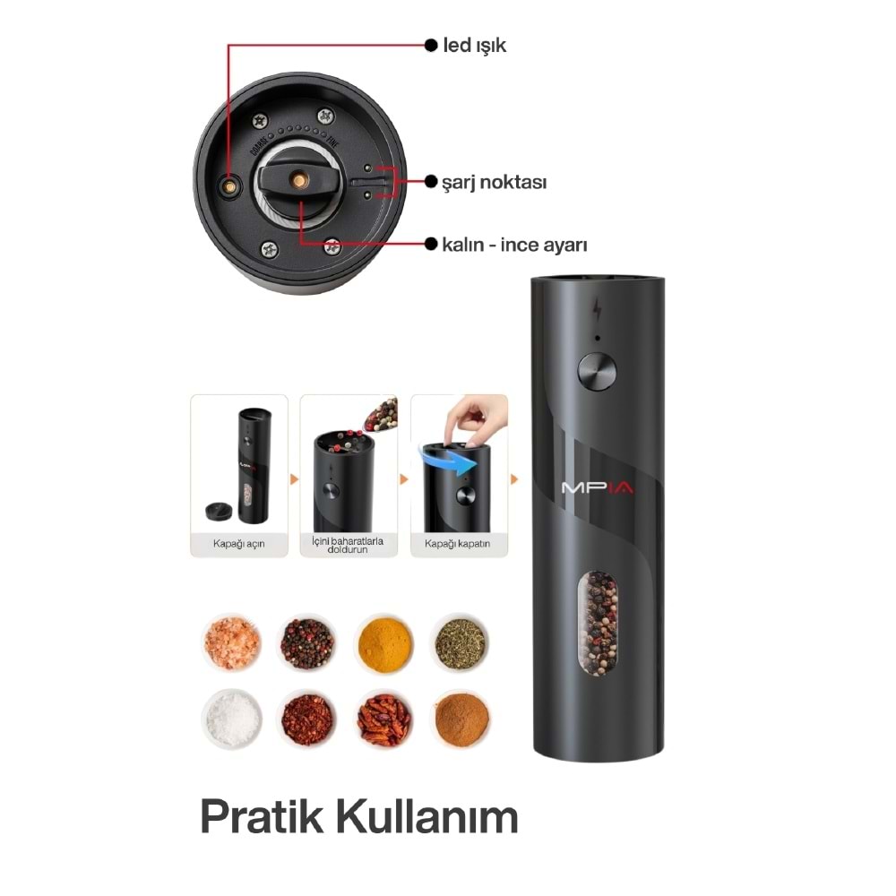 MPIA PG-5 Şarjlı Baharat Öğütücü 110ML Hazne
