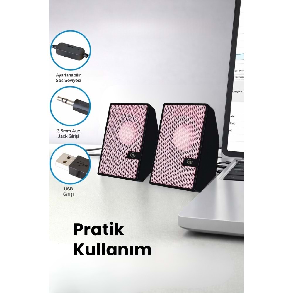 Sprange SR-PN784 2.0 3W*2 USB + 3.5mm USB 5V Hoparlör Pembe