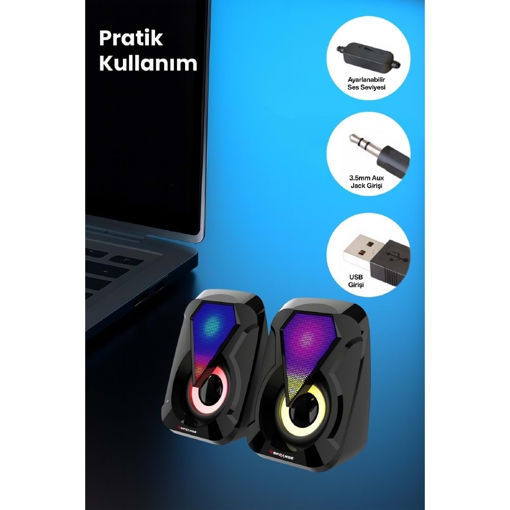 Sprange SR-PN785 3W*2 USB 2.0 + 3.5mm 5V Hoparlör Siyah