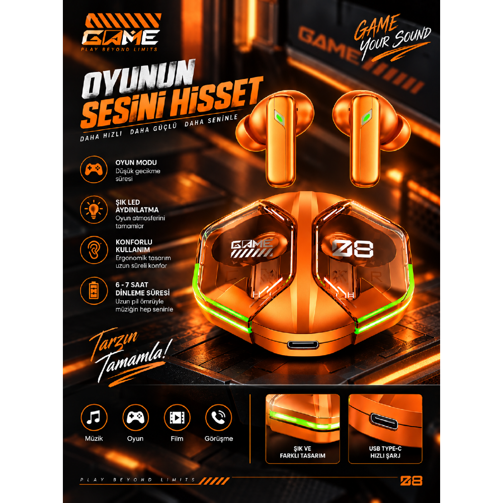 SPRANGE GM11 Gaming TWS Kulaklık Turuncu